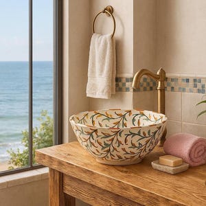 Moroccan washbasin sink, 100% handmade, handpainted, Bathroom and kitchen decoration, ceramic sink, Soft Biege leaf design Free shipping.