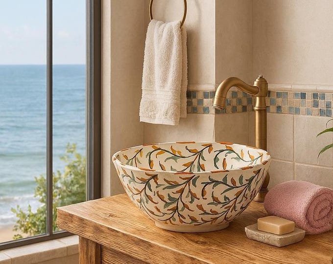 Featured listing image: Handmade Moroccan Ceramic Sink: Soft Beige Leaf Design