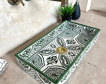 Ręcznie robiona marokańska umywalka ceramiczna: prostokątna, wzór orchidei, oliwkowa zieleń, wolny odpływ