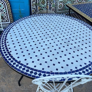 Round handmade royal mosaic table, custom Moroccan table with complex geometric mosaic tiles for outdoor and indoor