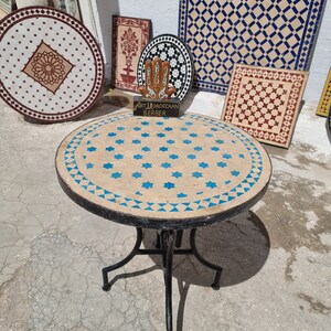 Round handmade royal mosaic table, custom Moroccan table with complex geometric mosaic tiles for outdoor and indoor