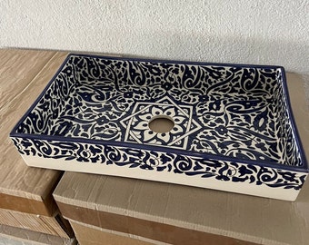 Moroccan rectangular washbasin sink, 100% handmade, Fish handpainted, Bathroom & kitchen decoration, Arabesque ceramic sink, Free shipping