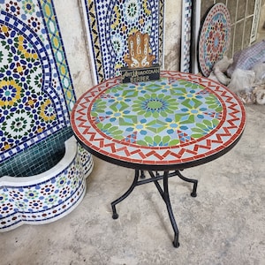 Round handmade royal mosaic table, custom Moroccan table with complex geometric mosaic tiles for outdoor and indoor