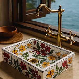 Op de afbeelding: Een rechthoekige keramische wastafel met een bloemenontwerp met gele en rode bloemen op een witte achtergrond. De wastafel heeft een messing kraan en afvoer. De wastafel staat op een aanrecht in de buurt van een raam.