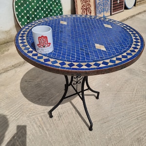 Round handmade royal mosaic table, custom Moroccan table with complex geometric mosaic tiles for outdoor and indoor .