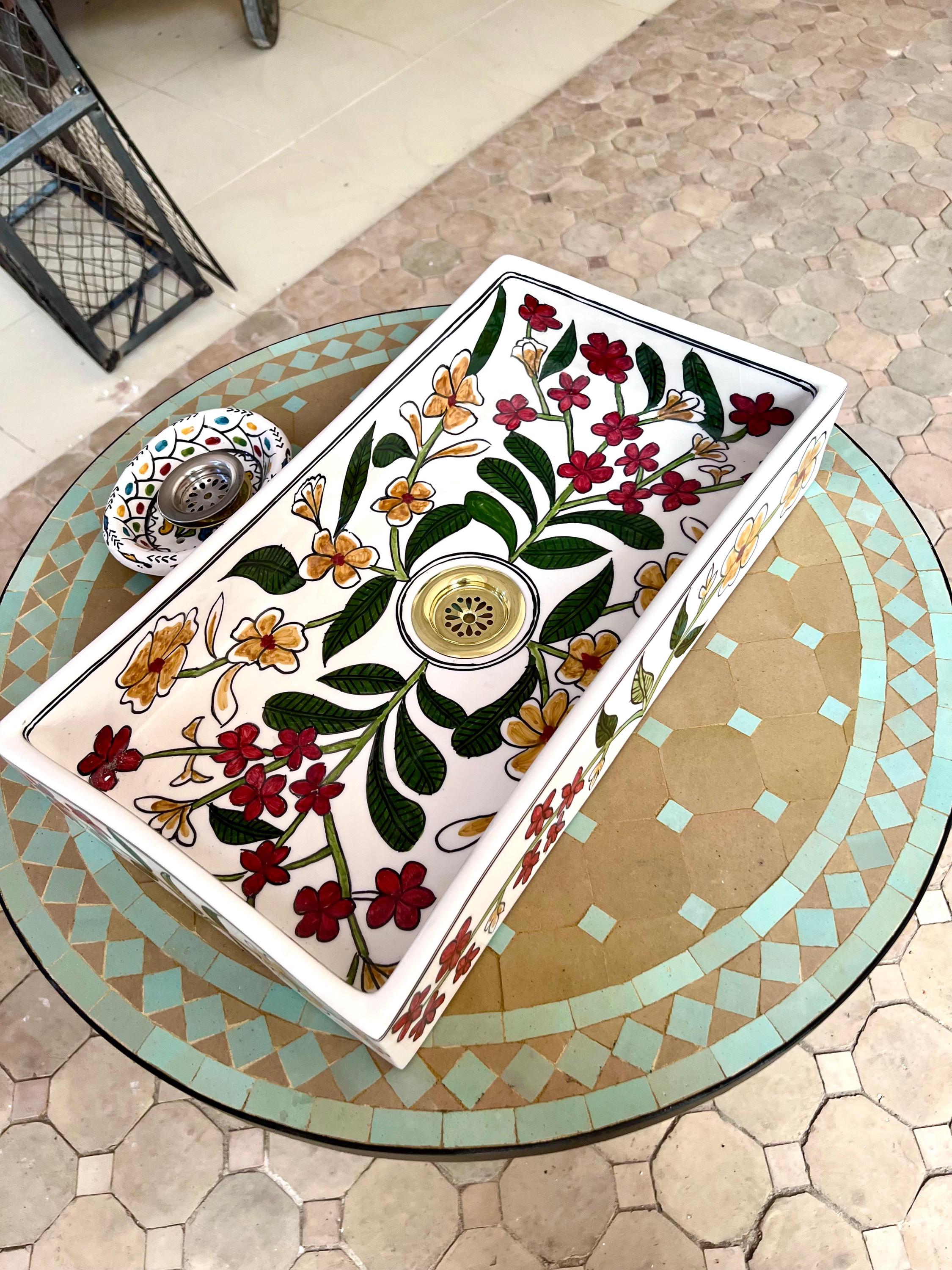Moroccan rectangular washbasin sink, handmade, Flower Design, Bathroom & kitchen decoration, Modern ceramic sink, Free Drain + Gift