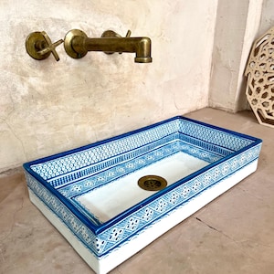 Moroccan rectangular washbasin sink, 100% handmade, Fish handpainted, Bathroom & kitchen decoration, Light Blue ceramic sink, Free shipping