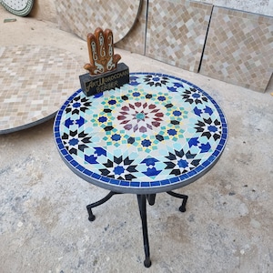 Round handmade royal mosaic table, custom Moroccan table with complex geometric mosaic tiles for outdoor and indoor