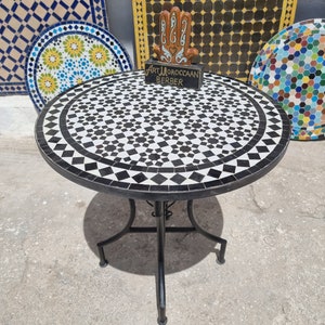 Round handmade royal mosaic table, custom Moroccan table with complex geometric mosaic tiles for outdoor and indoor.
