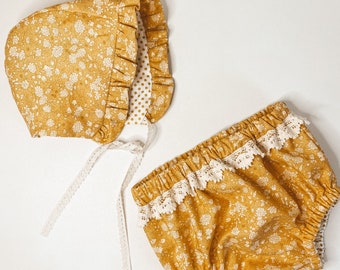 Baby Bonnet and Bloomer Set Reversible in Yellow and Gray