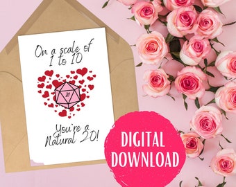 TÉLÉCHARGEMENT NUMÉRIQUE | Sur une échelle de 1 à 10, vous êtes un naturel 20 | Carte Donjons et Dragons | Carte de Saint-Valentin imprimable du MDN