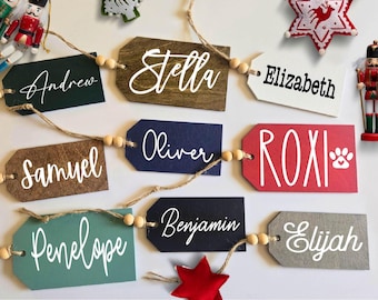 Personalized Christmas Stocking Tags, Rustic Farmhouse Wooden Name Tags With Beads, Holiday Decor