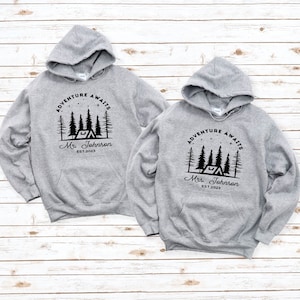 Mr and Mrs Sweatshirts, Adventure Awaits Just Married Wedding Shirts, Newlywed Couples Shirts, Wedding Gift, Engagement Gift,
