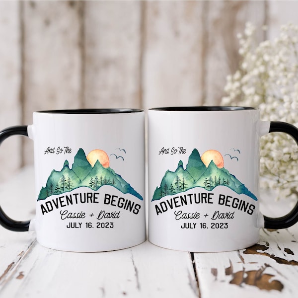 Personalized Wedding Mugs, Adventure Begins Mr Mrs Couples Ceramic Mugs, Engagement Gift, Wedding Gift For Bride and Groom Fiance