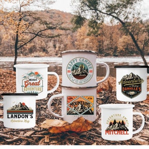 Personalized Camping Mug, Personalized Mountains Adventure Campfire Mugs, Adventure Awaits Camp Mugs