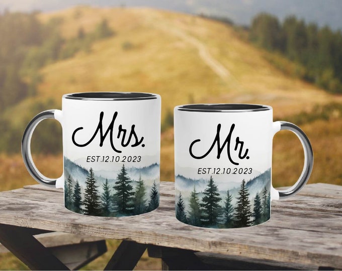 Personalized Wedding Mugs, Mr Mrs Couples Ceramic Mugs, Mr and Mrs Forest Mountains Mugs, Engagement Gift, Wedding Gift For Bride and Groom