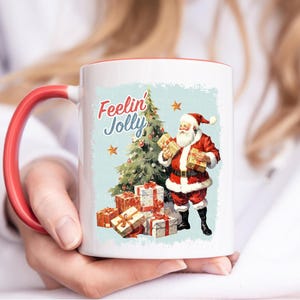 Tasse de Noël rétro, tasse de Noël Feelin' Jolly, tasse rétro père Noël, tasse de café de Noël mignonne. Tasse de voeux de Noël