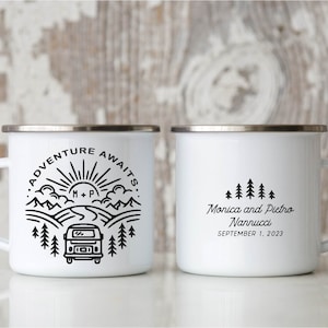 Adventure Awaits Personalized Mr. and Mrs. Wedding Camping Mugs