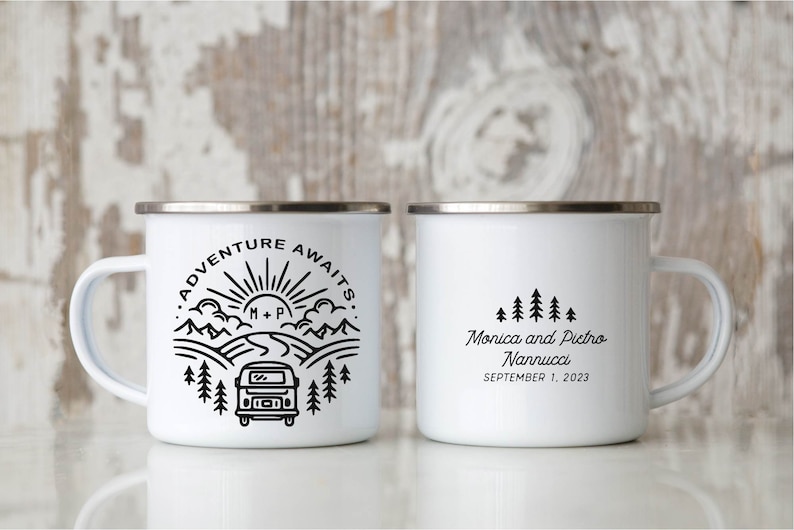 Adventure Awaits Personalized Mr. and Mrs. Wedding Camping Mugs