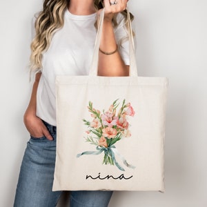 Anniversaire d'août, glaïeuls, sac fourre-tout personnalisé avec fleurs pour le mois de naissance, sac en toile personnalisé avec fleurs pour le mois de naissance avec nom, sac fourre-tout personnalisé