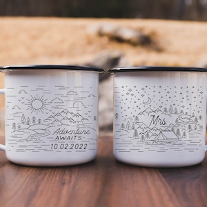 Personalized Wedding Camping Mug, Adventure Awaits Mountains Mr Mrs Couples Campfire Mugs, Engagement Wedding Gift For Bride and Groom