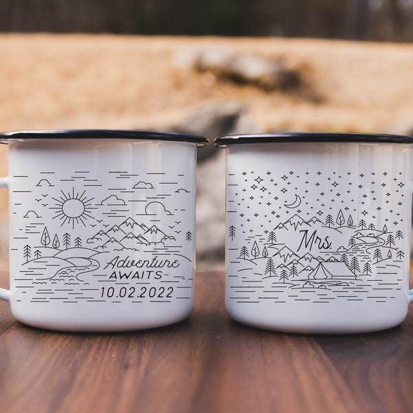 Personalized Wedding Camping Mug, Adventure Awaits Mountains Mr Mrs Couples Campfire Mugs, Engagement Wedding Gift For Bride and Groom