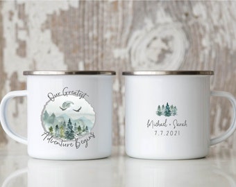 Personalized Wedding Camping Mug, Adventure Mountains Mr Mrs Couples Campfire Mugs, Engagement Wedding Gift For Bride and Groom Fiance