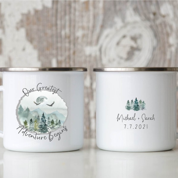 Personalized Wedding Camping Mug, Adventure Mountains Mr Mrs Couples Campfire Mugs, Engagement Wedding Gift For Bride and Groom Fiance