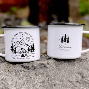 Personalized Wedding Camping Mug, Adventure Partners Mr Mrs Couples Campfire Mugs, Engagement Wedding Gift For Bride and Groom Fiance
