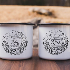 Personalized Wedding Camping Mug, Adventure Mountains Mr Mrs Couples Campfire Mugs, Engagement Wedding Gift For Bride and Groom Fiance