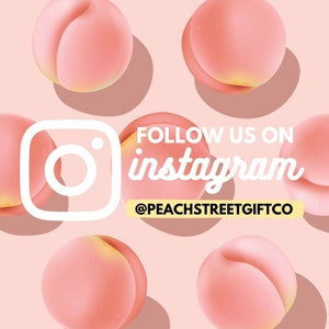 Może przedstawiać: R&oacute;żowe brzoskwinie z białym logo Instagrama i tekstem "FOLLOW US ON instagram @PEACHSTREETGIFTCO" na r&oacute;żowym tle.