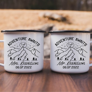 Personalized Wedding Camping Mug, Adventure Awaits Mountains Mr Mrs Couples Campfire Mugs, Engagement Wedding Gift For Bride & Groom Fiance