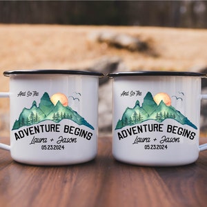 Personalized Wedding Camping Mug, Adventure Mountains Mr Mrs Couples Campfire Mugs, Engagement Wedding Gift For Bride and Groom Fiance