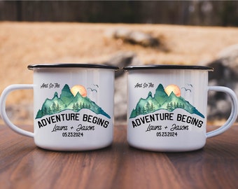 Personalized Wedding Camping Mug, Adventure Mountains Mr Mrs Couples Campfire Mugs, Engagement Wedding Gift For Bride and Groom Fiance