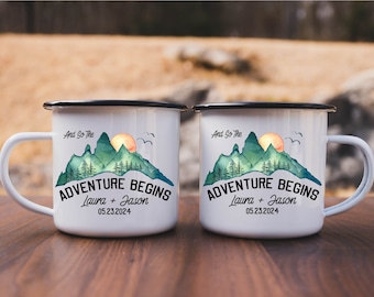 Personalized Wedding Camping Mug, Adventure Mountains Mr Mrs Couples Campfire Mugs, Engagement Wedding Gift For Bride and Groom Fiance