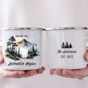 Personalized Wedding Camping Mug, Adventure Mountains Mr Mrs Couples Campfire Mugs, Engagement Wedding Gift For Bride and Groom Fiance