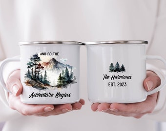 Personalized Wedding Camping Mug, Adventure Mountains Mr Mrs Couples Campfire Mugs, Engagement Wedding Gift For Bride and Groom Fiance