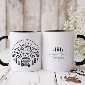 Personalized Wedding Mugs, Adventure Awaits Mr Mrs Couples Ceramic Mugs, Engagement Gift, Wedding Gift For Bride and Groom Fiance