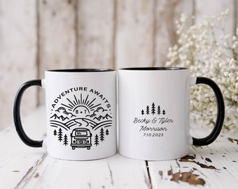 Personalized Wedding Mugs, Adventure Awaits Mr Mrs Couples Ceramic Mugs, Engagement Gift, Wedding Gift For Bride and Groom Fiance