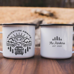 Adventure Awaits Personalized Mr. and Mrs. Wedding Camping Mugs