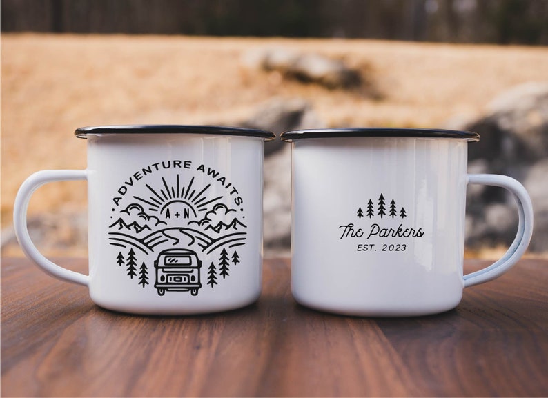 Adventure Awaits Personalized Mr. and Mrs. Wedding Camping Mugs