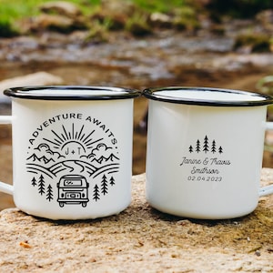 Adventure Awaits Personalized Mr. and Mrs. Wedding Camping Mugs