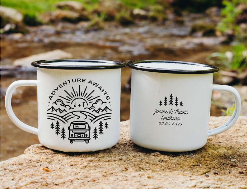 Adventure Awaits Personalized Mr. and Mrs. Wedding Camping Mugs