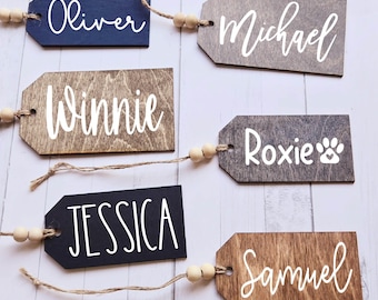 Étiquettes pour bas de Noël en bois personnalisées, étiquettes pour cadeaux en bois de ferme rustique, étiquettes pour panier-cadeau