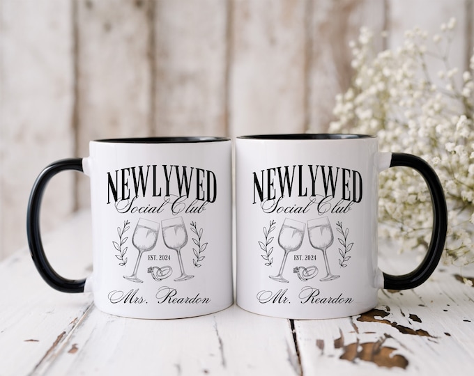 Personalized Mr. and Mrs. Mugs, Custom Newlywed Social Club Ceramic Wedding Mugs, Wedding Gift, Newlywed Gift