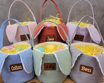 Panier de Pâques personnalisé, panier de Pâques pour enfants avec nom d'écusson en cuir, seaux de Pâques personnalisés avec oreilles de lapin, panier de Pâques en velours côtelé