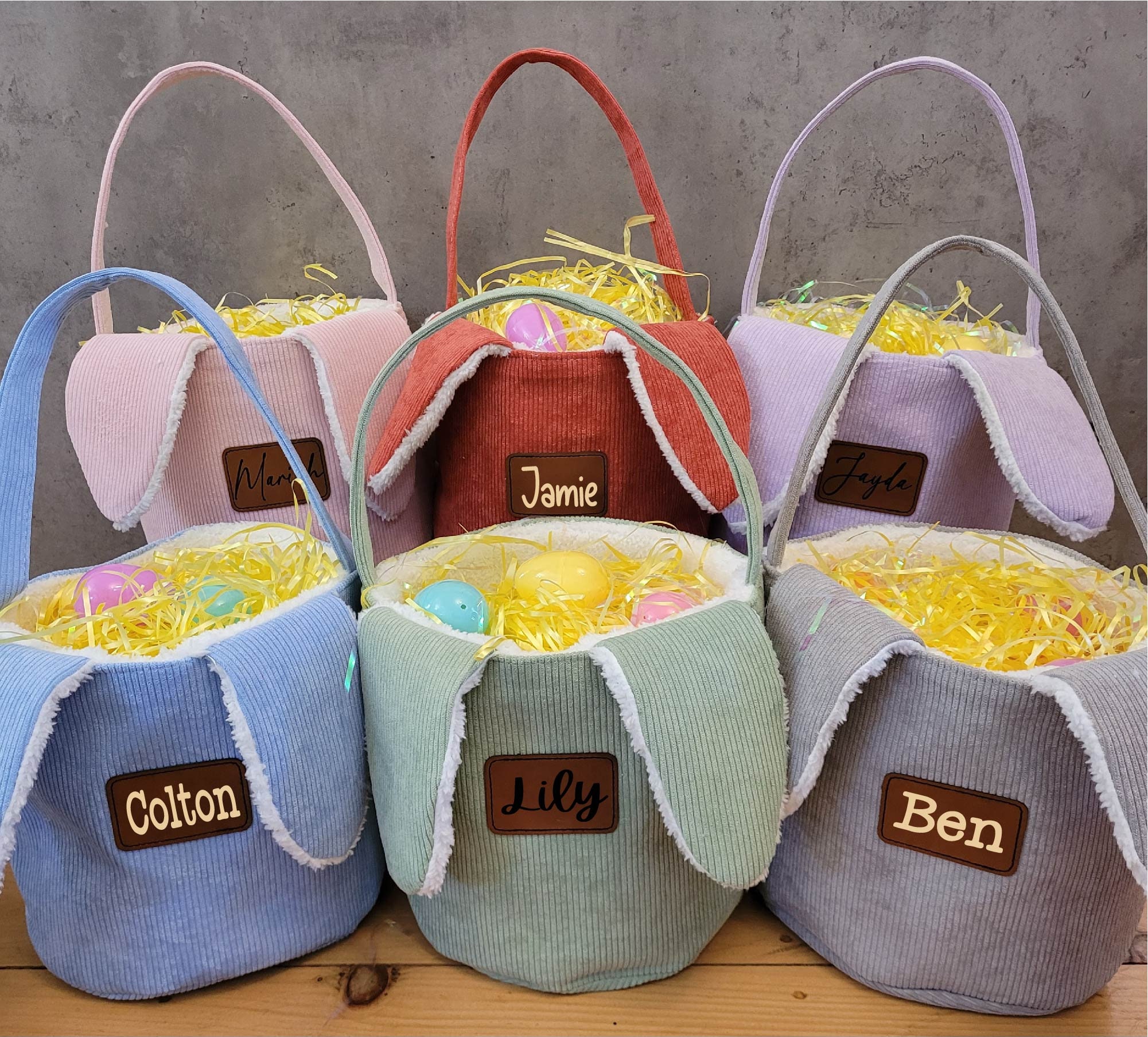 Personalized Easter Basket, Kids Easter Basket With Leather Patch Name, Personalized Bunny Ear Easter Buckets, Corduroy Easter Basket