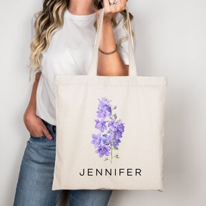 Sac fourre-tout personnalisé fleurs pour le mois de naissance du pied d'alouette d'anniversaire de juillet, sac en toile personnalisé avec fleurs pour le mois de naissance avec nom, sac fourre-tout personnalisé