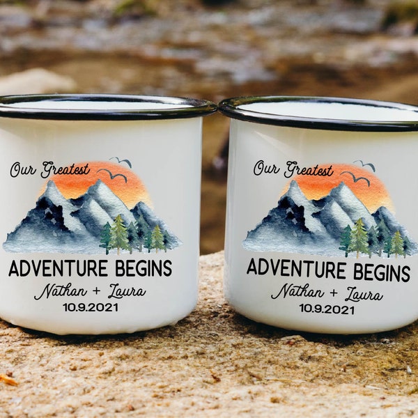 Personalized Wedding Camping Mug, Adventure Mountains Mr Mrs Couples Campfire Mugs, Engagement Wedding Gift For Bride and Groom Fiance