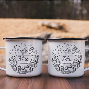 Personalized Wedding Camping Mug, Adventure Mountains Mr Mrs Couples Campfire Mugs, Engagement Wedding Gift For Bride and Groom Fiance